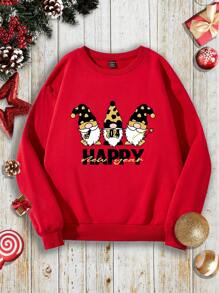 SHEIN LUNE Áo len nữ dài tay cổ tròn in chữ hình ông già Noel - Đỏ - Xem 1