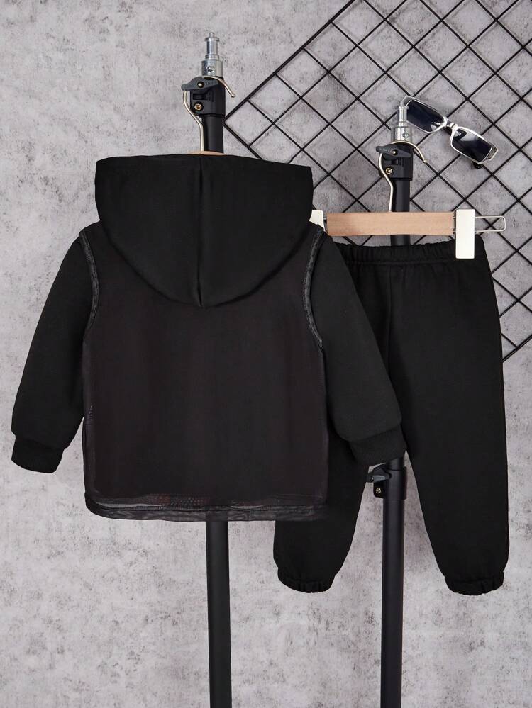 Baby Boys' Robot Printed Mesh Vest Top And Hoodie And Pants 3pcs Set