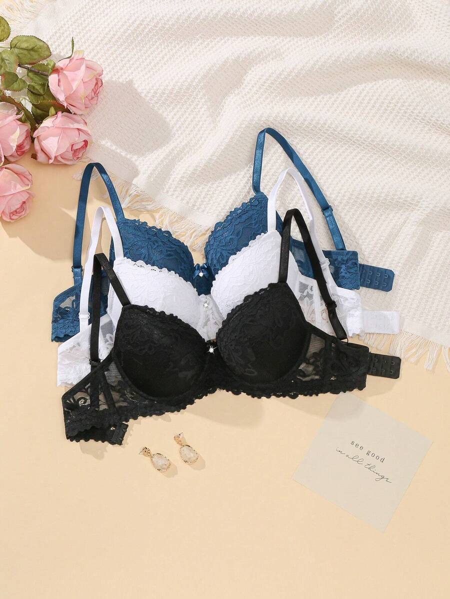 3 Piezas/set Lencería De Encaje De Sujetador Para Mujer - Multicolor - Ver 1