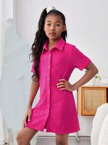 SHEIN Girls' Everyday Casual Knitted Jacquard Shirt Dress