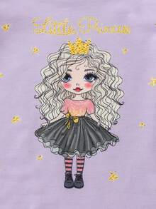 SHEIN 少女身形印花上衣和牛仔效果喇叭裤 - 紫色 - 查看 3