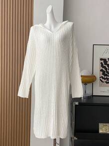 Flirla Plus Size White Long Sleeve Hooded Casual Sweater Dress - White - View 1