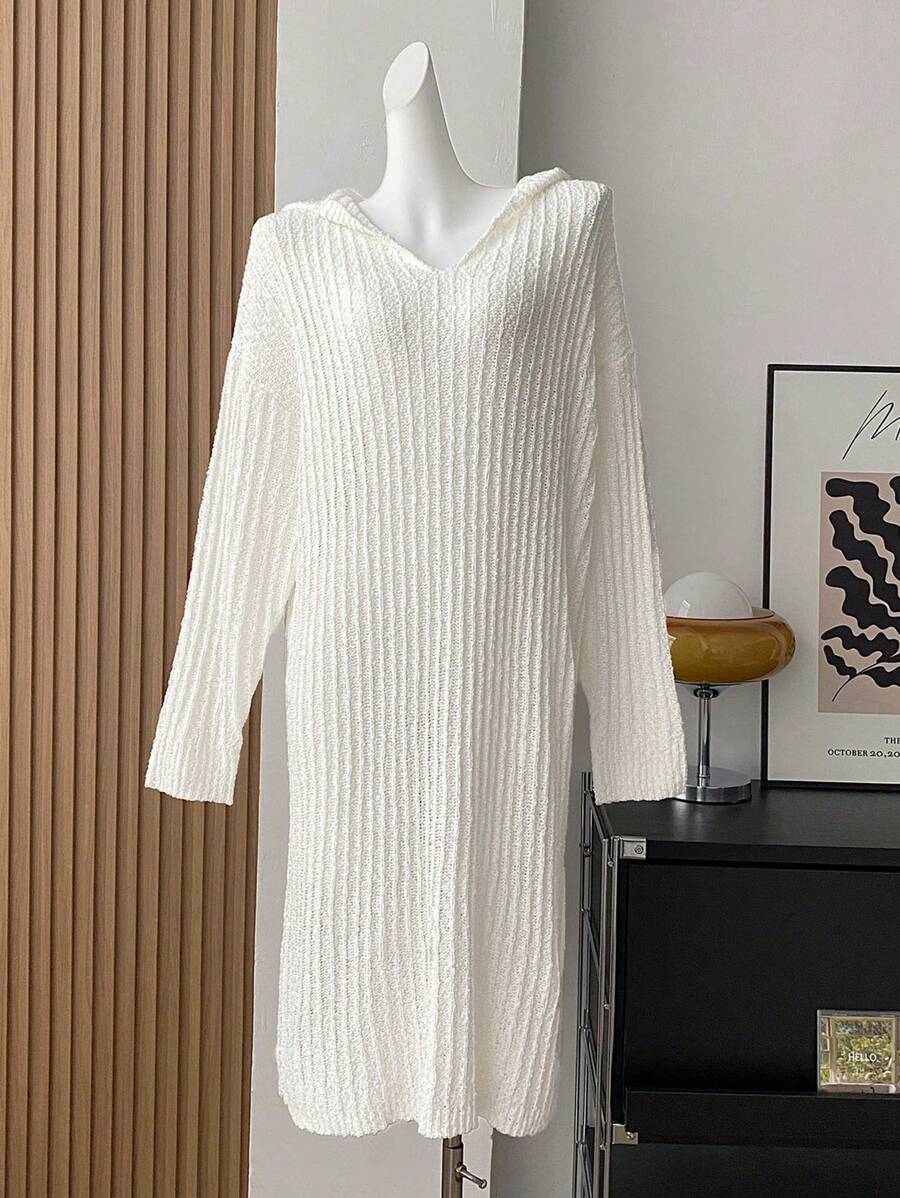 Flirla Plus Size White Long Sleeve Hooded Casual Sweater Dress - White - View 1