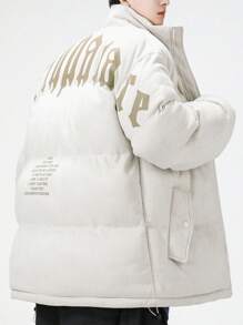 Men Plus New Male Suede Jacket Loose Fit Letter Print Padded Coat - Khaki - View 2