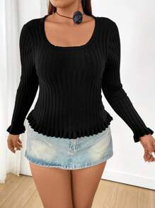 Flirla Áo len tay chuông màu trơn cỡ lớn, kiểu dáng chui đầu, thích hợp cho mùa thu đông. - màu đen - Xem 5