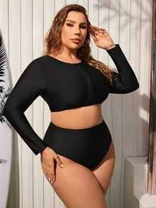 Swim SPRTY Plus Size Women'S Long Sleeve Swimsuit Set - Black - View 3