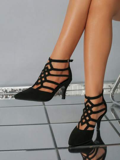 Fall/Winter Fashionable Pointed Toe Sexy Low-Cut Black Hollow Out Versatile Back Zipper Stiletto High Heel Shoes,Elegant,Party