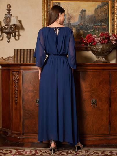 Vestido Elegante Azul Marinho de Chiffon para Mãe da Noiva para Festa de Casamento na Primavera