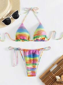 SHEIN Swim 女士撞色露背系带比基尼套装夏季海滩 - 彩色 - 查看 7