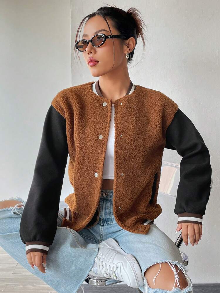 Color-Block Lamb Fur Patchwork Jacket Fall Cloth For Women