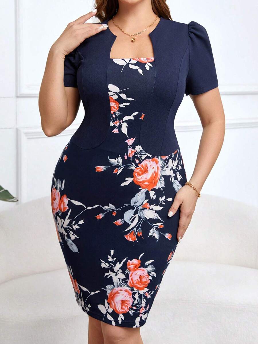 SHEIN Clasi Plus Size Women's Floral Print Short Puff Sleeve Dress - Navy Blue - View 1