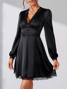 SHEIN Tall Lace Lantern Sleeve Dress - Black - View 3