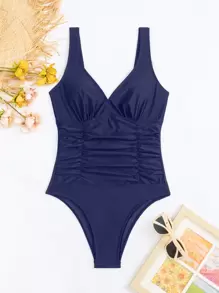 Swim Basics Traje De Baño De Una Sola Pieza Sólido - Azul Marino - Ver 5