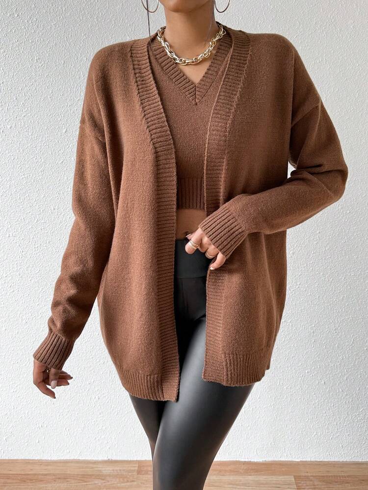 Women'S Drop Shoulder Long Sleeve Cardigan And Sweater Vest Set Fall Cloth For Women