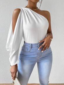 Zolique 單肩分割長袖襯衫 - 白色 - 查看 4