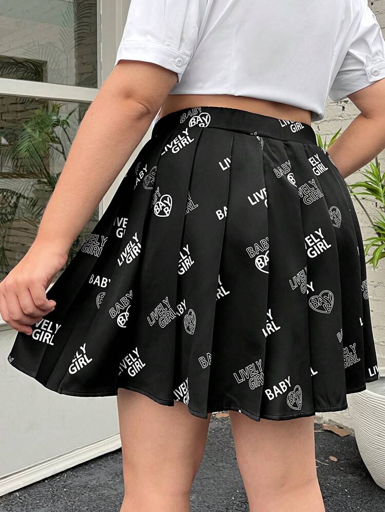 Women's Plus Size Alphabet & Heart Print Pleated Skirt