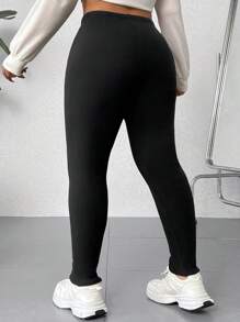 SHEIN EZwear 大码纯色保暖内衬紧身裤 - 黑色 - 查看 2