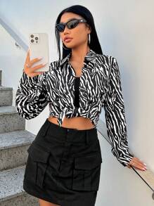 SHEIN EZwear Camisa De Mujer Con Patrón De Cebra - Blanco y Negro - Ver 4