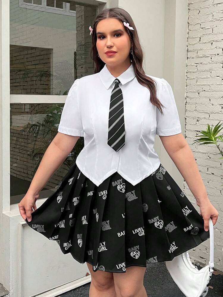 Women's Plus Size Alphabet & Heart Print Pleated Skirt