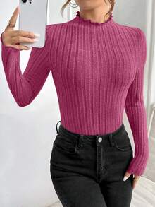 SHEIN PETITE 純色肋針針織休閒t恤連體衣 - 玫紅色 - 查看 3