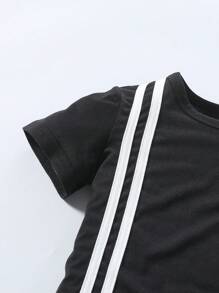 SHEIN Bộ 2 món/Bộ quần áo thun sọc tay ngắn cho bé trai và quần dài - màu đen - Xem 5