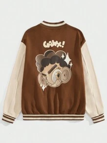 GAWX Hombres Chaqueta universitaria con estampado de letra y ribete de rayas con hombros caídos - Caqui - Ver 2