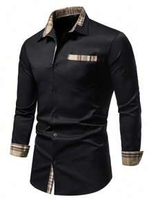 Camisa casual de retazos para hombres de talla grande - Negro - Ver 3