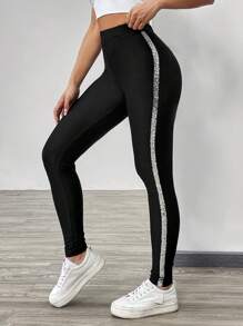 SHEIN Essnce 側邊對比流光打底褲 - 黑色 - 查看 1