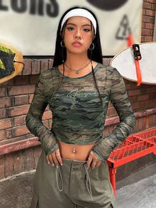 SHEIN EZwear Camouflage Knitted Ladies Top With Rhinestone Decor - Multicolor - View 6