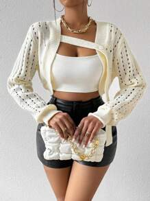 Zolique Ladies' Hollow Out Knit Cropped Cardigan With Open Front - White - View 6