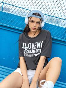 Street Sport Slogan Printed Round Neck Drop Shoulder Sleeve Sports T-Shirt - Black - View 5