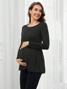 Maternity Spring Autumn Long Sleeve Breastfeeding Round Neck T-Shirt - Black - View 3