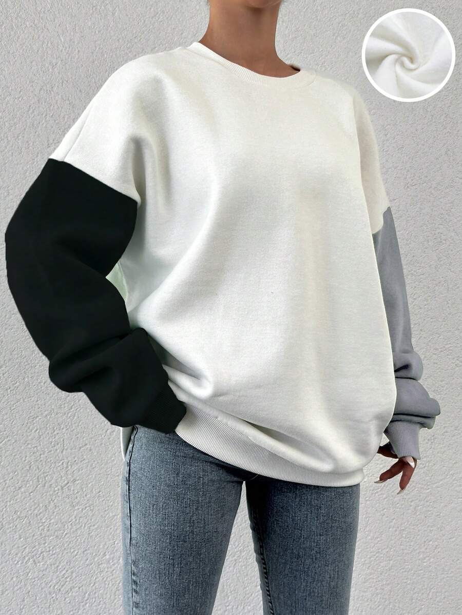 SHEIN Cottnline Của phụ nữ Khối màu Lông cừu lót Áo nỉ - Xám - Xem 1