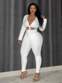 Slaydiva 女士加大號深v領綁帶空心連體褲 - 白色 - 查看 3