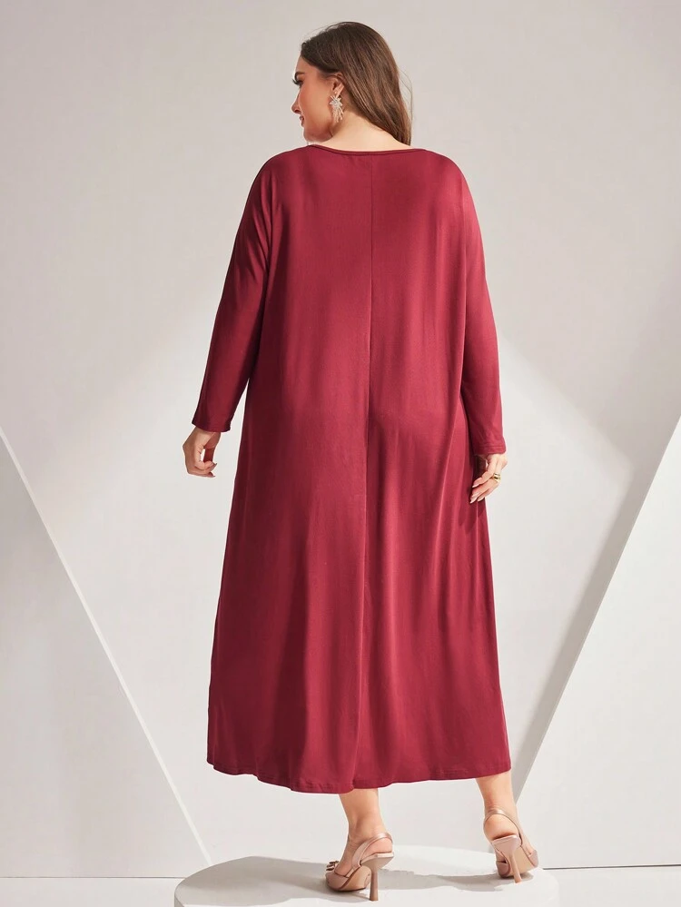 Burgundy Red Plus Size Embellished Detail Loose Long Dress