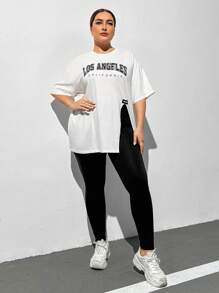 SHEIN Essnce 大碼女士休閒寬鬆運動套裝，包括圖案T卹和緊身褲，適用於春夏 - 黑與白 - 查看 5