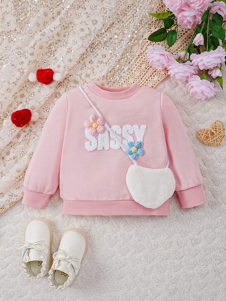 Baby Girls' Letter Printed Sweatshirt With Hood And Pouch Pocket, Autumn And Winter, With Accessory