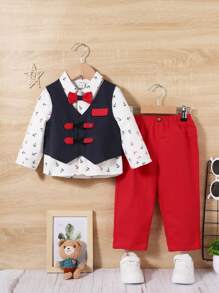 SHEIN 3 件裝新生男嬰紳士風格背心夾克襯衫褲子套裝 - 彩色 - 查看 1