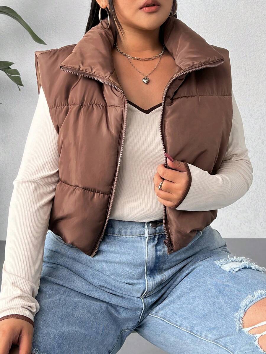 SHEIN EZwear Plus Size Short Padded Vest Jacket - Brown - View 1