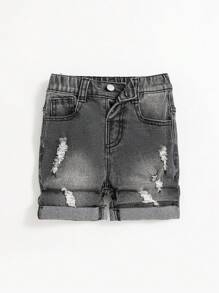 SHEIN 男童休闲微弹力不对称破洞牛仔短裤 - 黑色 - 查看 1