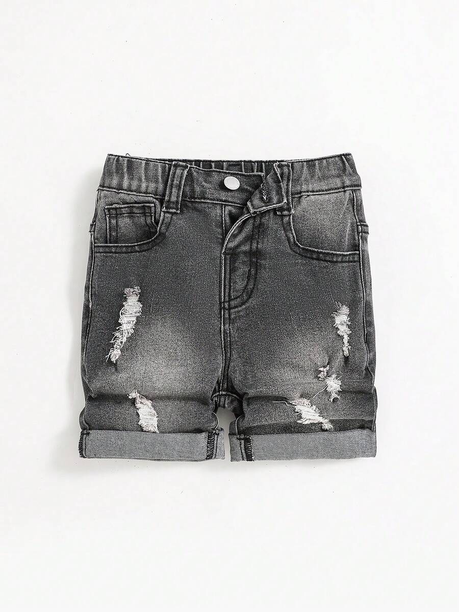 SHEIN 男童休闲微弹力不对称破洞牛仔短裤 - 黑色 - 查看 1