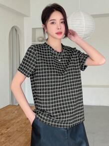 女士格紋圓領短袖t卹 - 黑色 - 查看 5