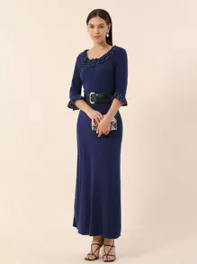 SHEIN Privé Ladies' Polka Dot Printed Sweater Dress With Large Round Collar And Lace Decoration - Royal Blue - View 7