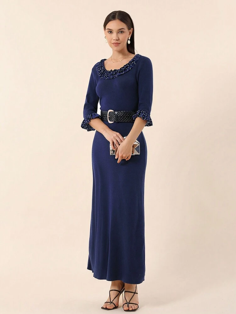 Ladies' Polka Dot Printed Sweater Dress With Large Round Collar And Lace Decoration