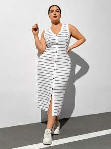 SHEIN Essnce Vestido de verano con botones delanteros y rayas en tallas grandes - Blanco y Negro - Ver 3
