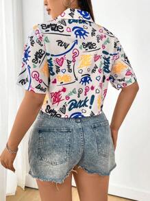 Flirla 大尺碼女款塗鴉印花短袖短款襯衫 - 彩色 - 查看 2