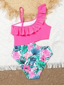 Girls' Tropical Print Cutout One Piece Swimsuit With Patchwork - Multicolor - View 2
