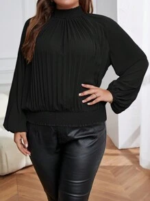 SHEIN Privé Women'S Plus Size Solid Color Round Neck Lantern Sleeve Blouse - Black - View 4