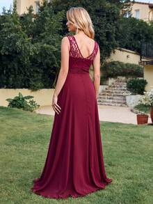 無袖腰部修身連身裙 - 酒紅色 - 查看 2