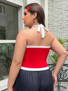 SHEIN EZwear מידות גדולות מחולק לצבעים הדפס לבבות סוודר סריג - אדום ולבן - ראה 2
